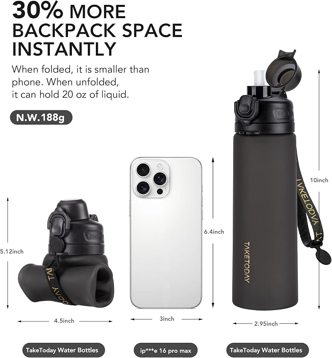 TakeToday Collapsible Water Bottles 20oz, Leak Proof, Foldable Silicone Travel - Image 3