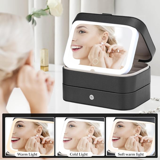 Travel Jewelry Case with LED Lighted Mirror, Portable Travel Jewelry Organizer - Image 3