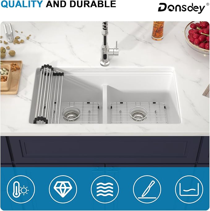 33 Inch Undermount White Granite Composite Kitchen Sink Under Counter Quartz - Image 8