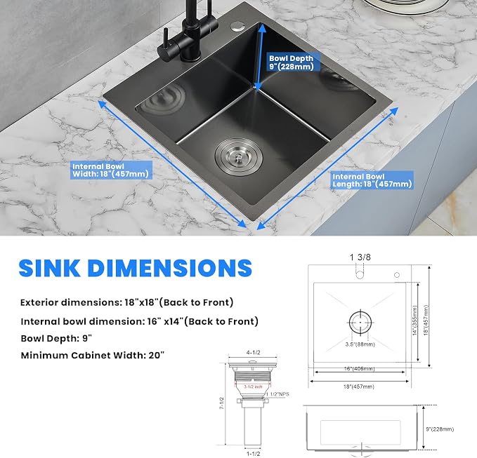 POPFLY 18×18 Inch Drop In Bar Prep Sink, 304 Stainless Steel Top mount Handmade - Image 7