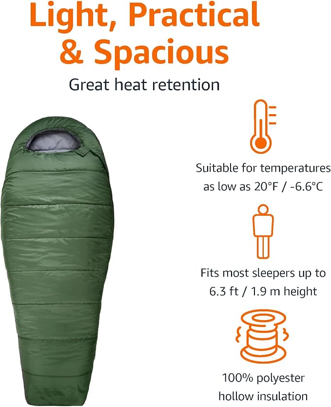 Amazon Basics 20°F Cold Weather Mummy Sleeping Bag, 82 Inches x 33 Inches - Image 3