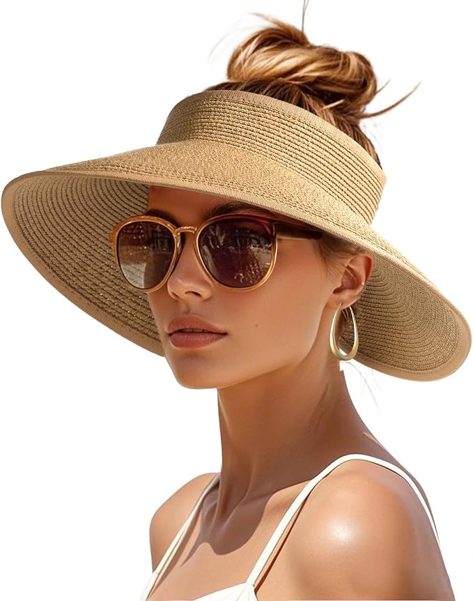 Womens Sun Visor Hats Wide Brim Straw Beach Hat UV Protection Ponytail Packable by FURTALK