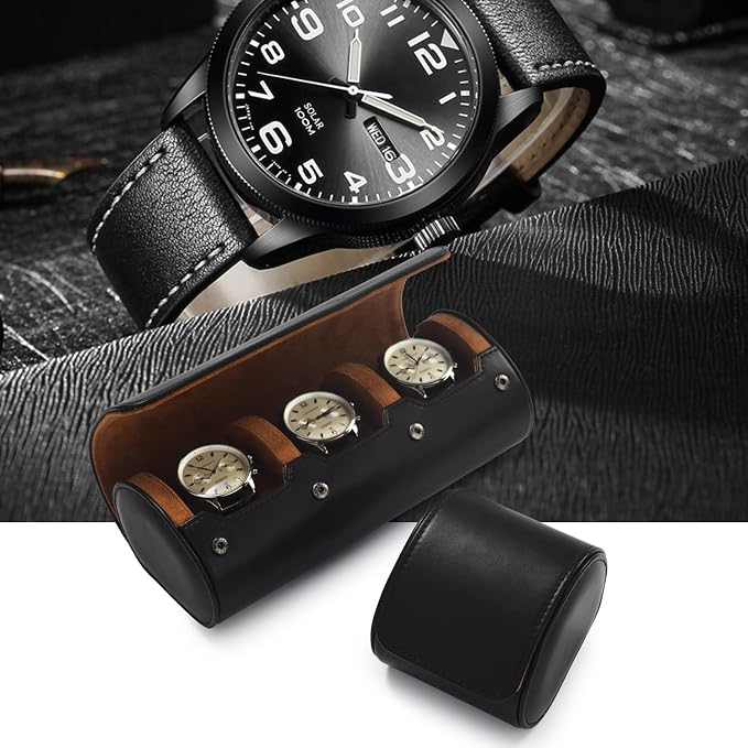 Oirlv Premium Leather Watch Roll Travel Case 3-Slot Watch Box - Image 2