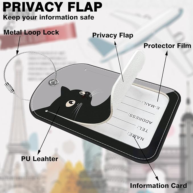2 Pack Luggage Tag for Suitcase Black and Gray cat Leather Suitcase Tags - Image 3