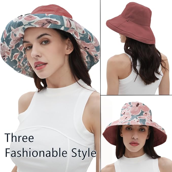 vidsel Womens Sun Hats Wide Brim Reversible Bucket Cotton Hat Packable Summer - Image 5