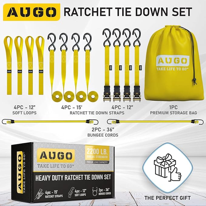 AUGO Ratchet Straps Heavy Duty 4 Pack -15 FT - 2200 LB Break Strength – - Cargo - Image 5