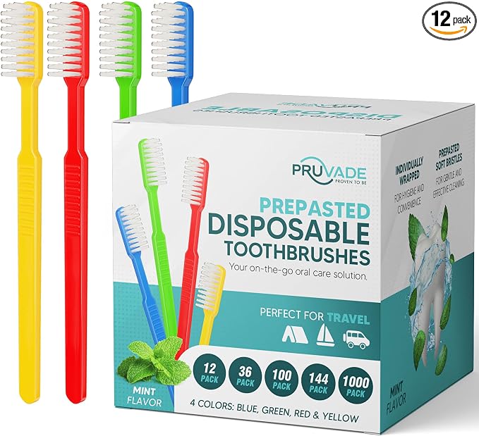 12 Pack Disposable Toothbrushes by PRUVADE