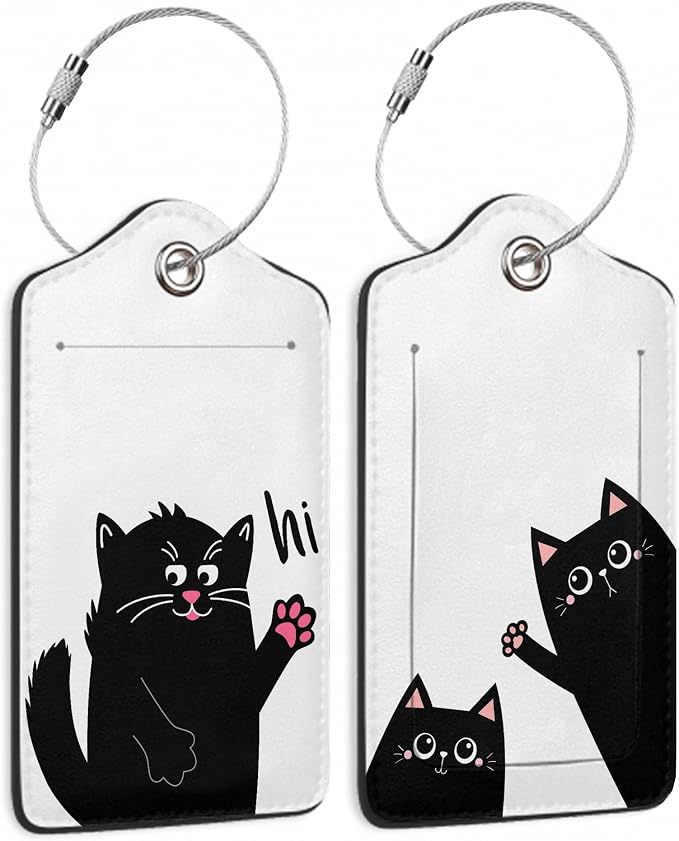 2 Pack Luggage Tag for Suitcase, Funny Black Cat Leather Bag Tags Identifiers by TXIANT