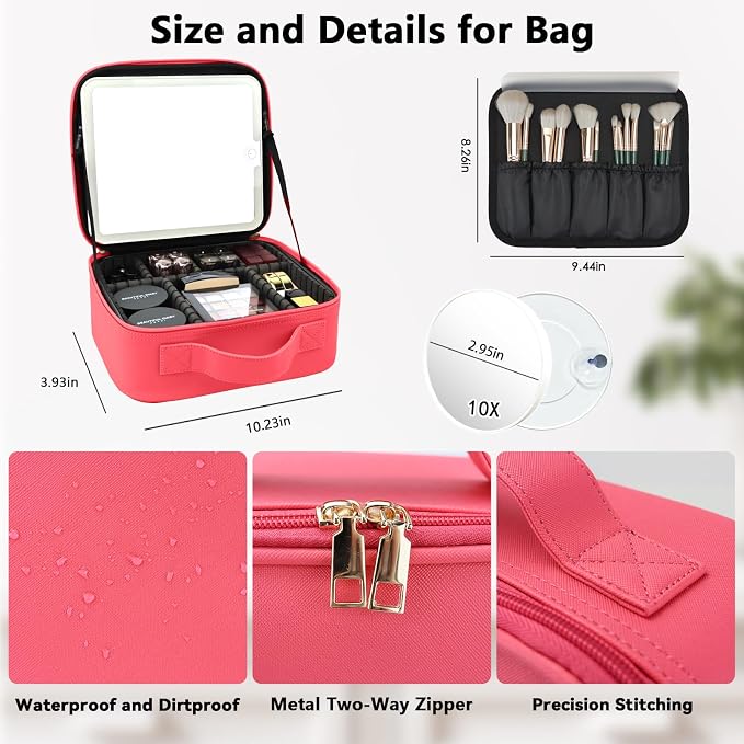 Travel Makeup Bag with LED Mirror and 10x magnifying glass with 3 Lighted - Image 5