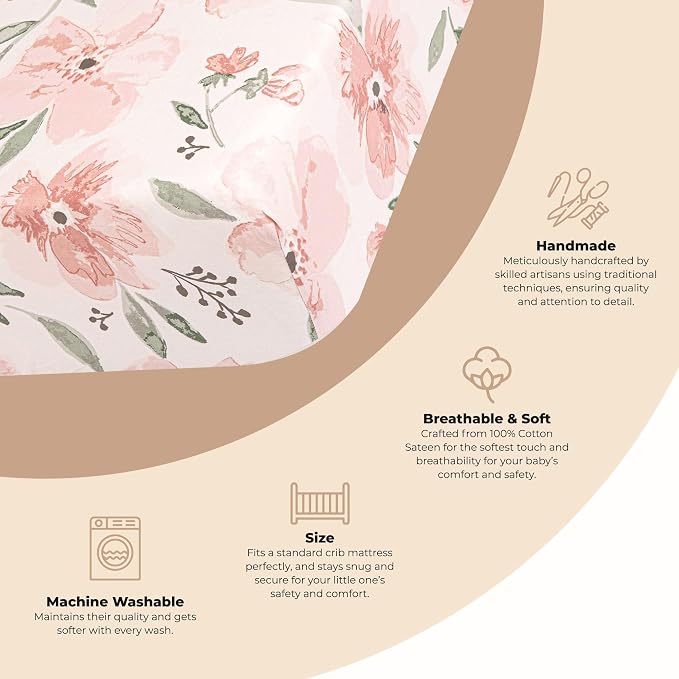 Crane Baby Floral Crib Sheets, 100% Cotton, Breathable Baby Bedding - Image 2