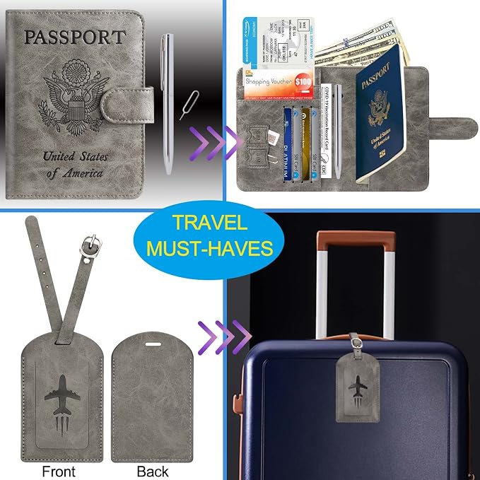 Passport Holder With Luggage Tag Cover Wallet RFID Blocking Leather Case Travel - Image 2
