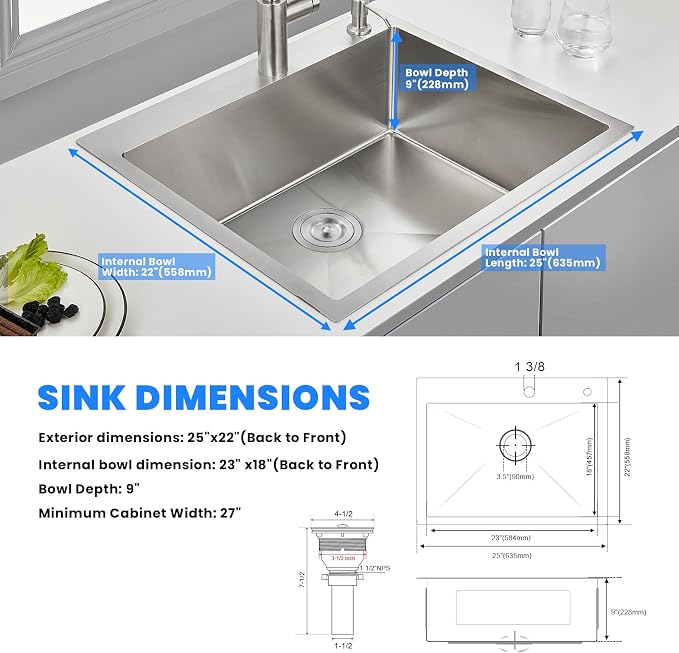 POPFLY 25×22 Inch Drop in Kitchen Sink, Top mount Stainless Steel Single Bowl - Image 7
