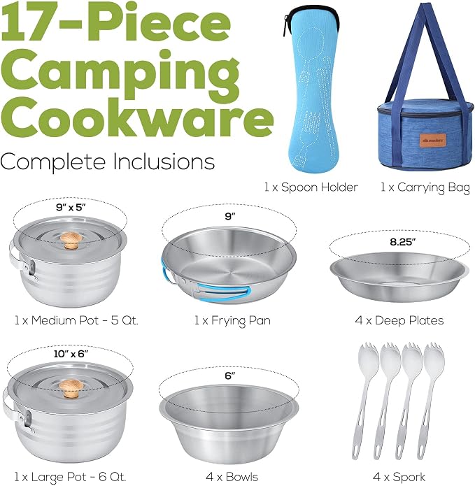 WEALERS Camping Cookware & Dinnerware Set- 17 Pieces Stainless Steel Pots and - Image 2