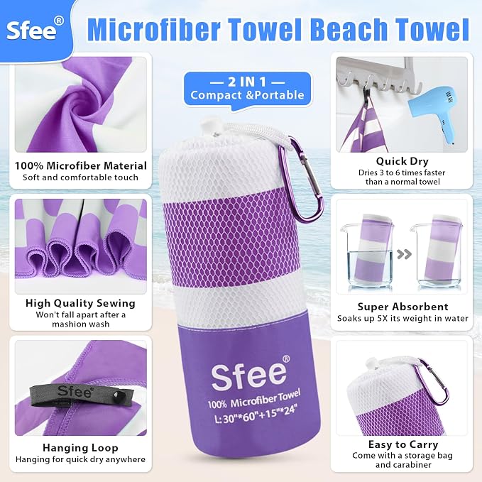 Sfee 2 in 1 Microfiber Oversized Beach Towel, Quick Dry Travel Towel Camping - Image 2