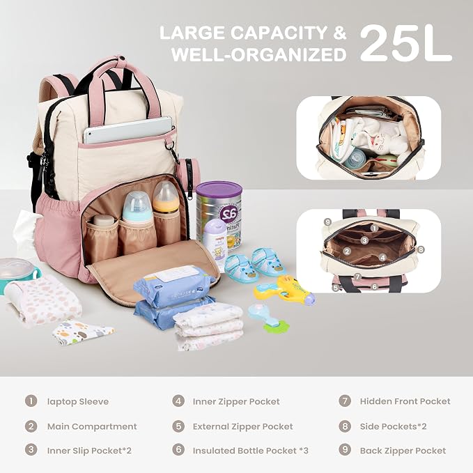 VONAL Diaper Bag Backpack, Lightweight Baby Diaper Bags, Travel Large Diaper Bag - Image 3