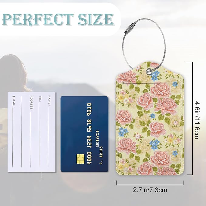 Pink Rose Luggage Tag, Flowers Retro Luggage Tags of Set 2 Leather Identifiers - Image 3