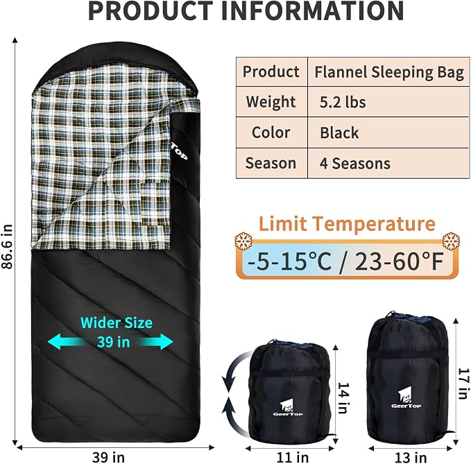 GEERTOP Flannel Sleeping Bag for Adults XXL 4 Season, 0 Degree Sleeping Bag for - Image 2