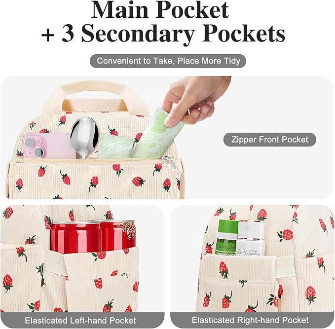 Lunch Bag Lunch Box for Women Adults Men, Cute Strawberry Corduroy Insulated - Image 3