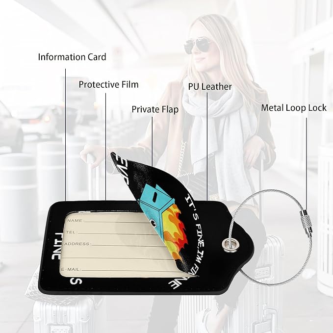 2 Pack Luggage Tags for suitcases Funny Cute Black Trash on fire I'm Fine It's - Image 3