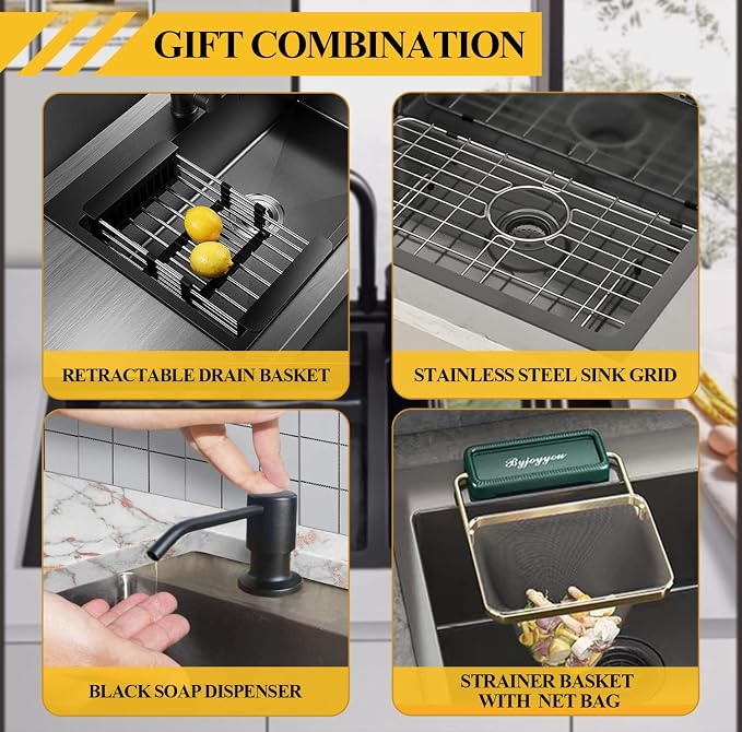 Black Kitchen Sink, Stainless Steel Topmount Bar Sink 22x18x9 Inch Single Bowl - Image 7