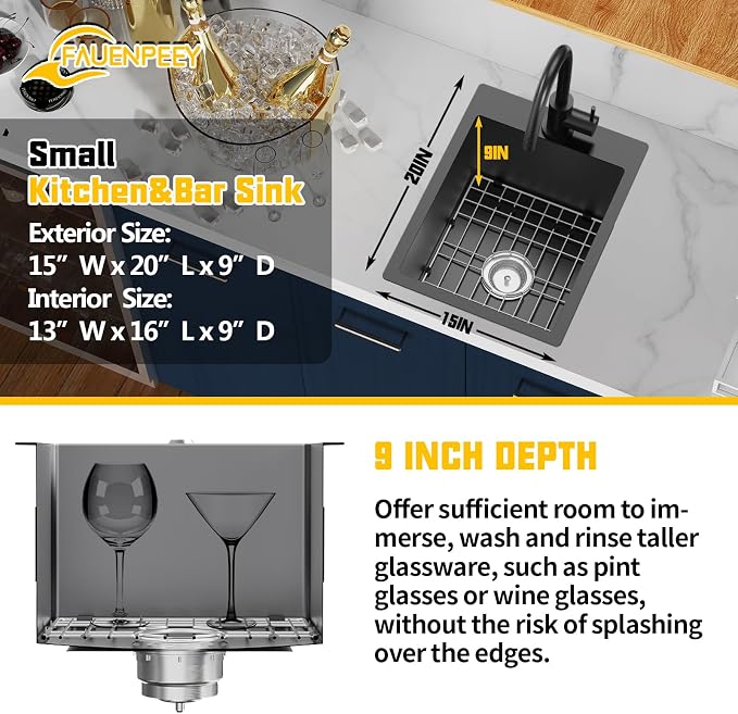 Small Black Kitchen Sink, 15x20 Inch Stainless Steel Drop In Toprmount - Image 3