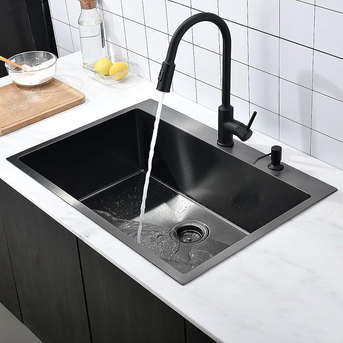 COMLLEN 33"x22"x9" Black Drop In Kitchen Sink, Top Mount SUS304 Stainless Steel - Image 3