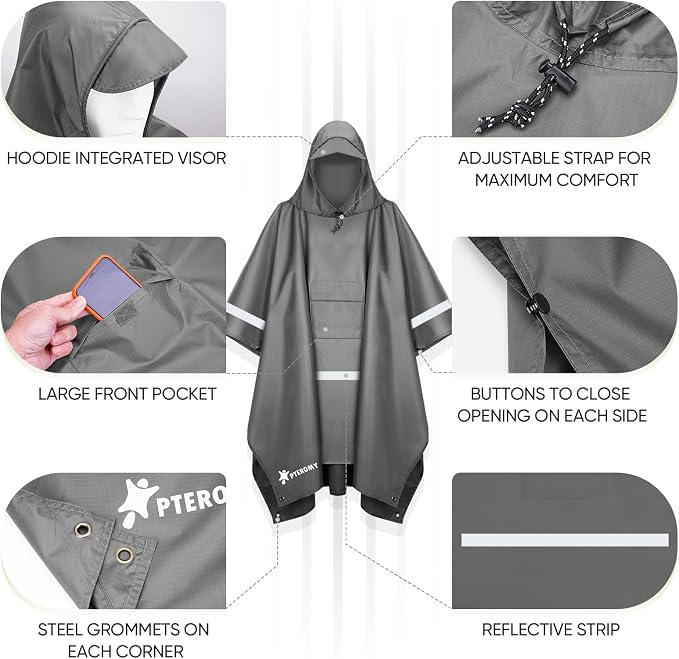 PTEROMY Hooded Rain Poncho for Adult - Image 6