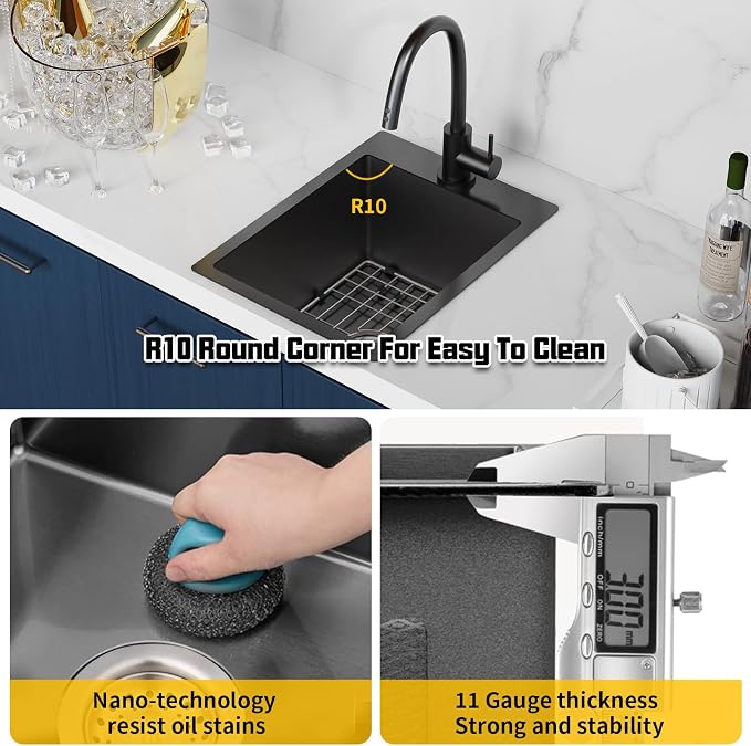 Small Black Kitchen Sink, 15x20 Inch Stainless Steel Drop In Toprmount - Image 4
