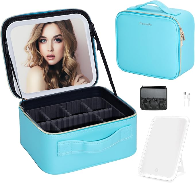 Travel Makeup Bag with LED Mirror – Waterproof Cosmetic Train Case with by ZhenGuiRu