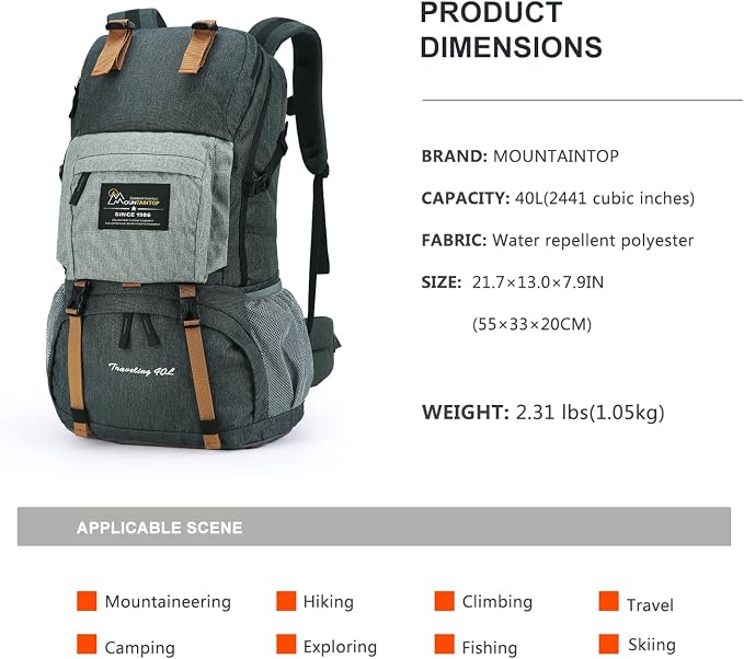 MOUNTAINTOP 40L Hiking Backpack Lightweight Travel Backpack - Image 2