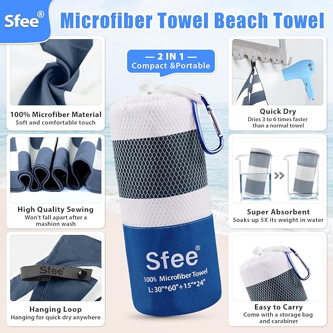 Sfee 2 in 1 Microfiber Beach Towel, Quick Dry Towel Camping Towel Travel Towel - Image 2