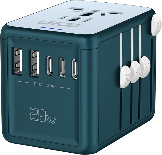 Universal Travel Adapter with 6.0A 3X 3.0A USB-C Ports, 2X 2.4A USB-A Ports and by URJD