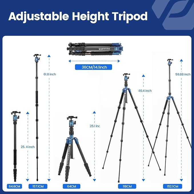 Fotopro 59" Carbon Fiber Travel Tripod, Compact Camera Tripod - Image 5