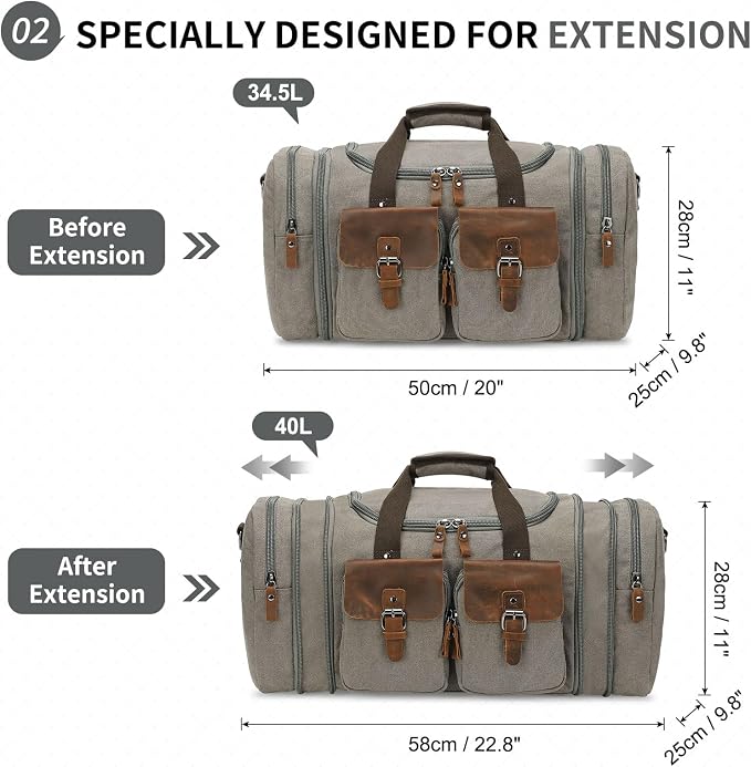 Canvas Duffle Bag with Genuine Leather Accents, Expandable 20-23 Inch Travel - Image 3