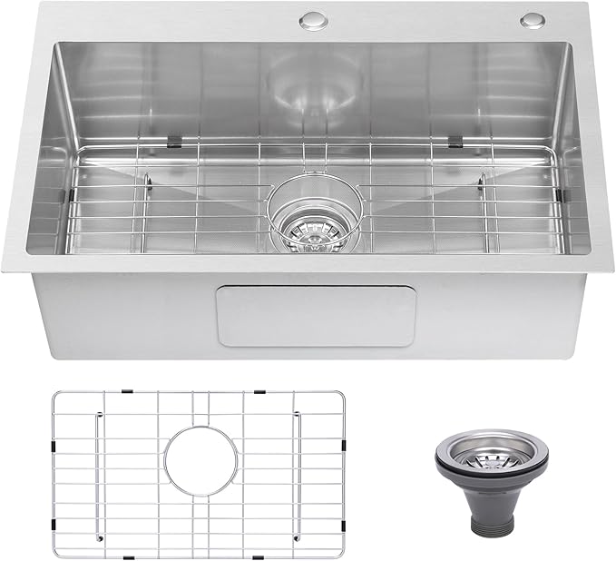 Drop In Kitchen Sink 33x22", 18 Gauge Stainless Steel Sink, 3D Embossed Surface by Beleeb