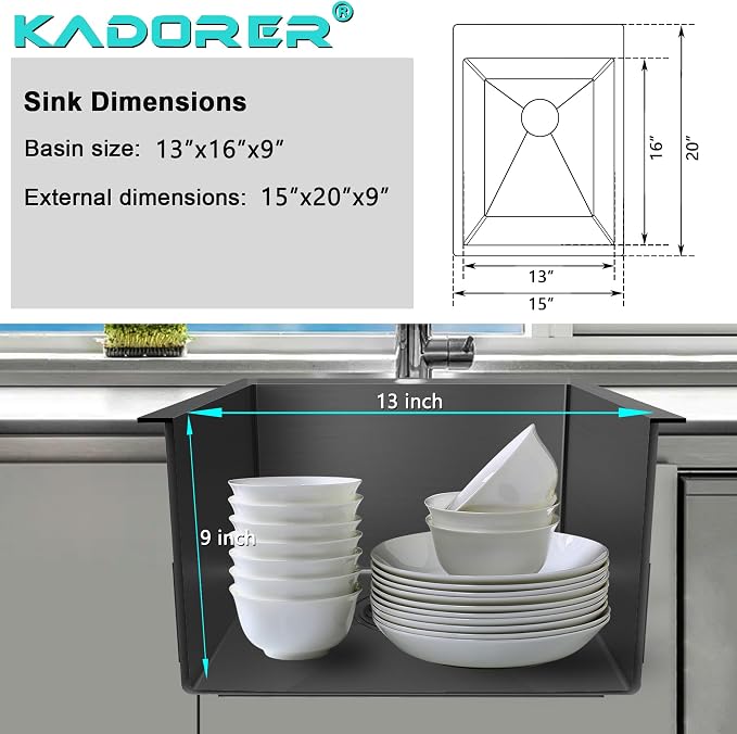 15 x 20 Inch Black Drop In Kitchen Sink - Image 3
