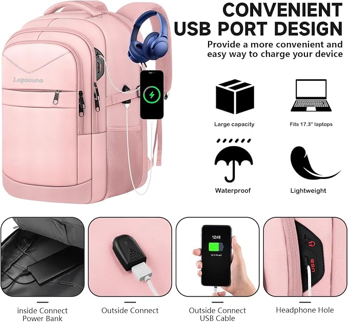 Lapsouno Large Backpack for Women, TSA 17.3 Inch Travel Laptop Backpack - Image 2