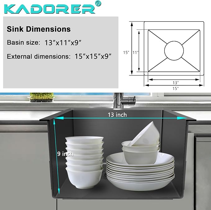15 x 15 Inch Black Drop In Kitchen Sink - Image 3