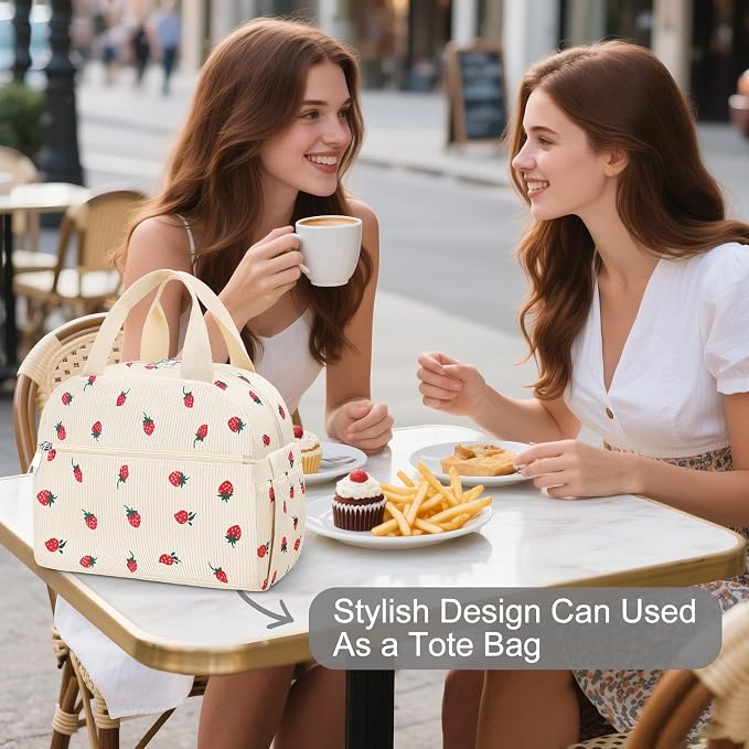 Lunch Bag Lunch Box for Women Adults Men, Cute Strawberry Corduroy Insulated - Image 5