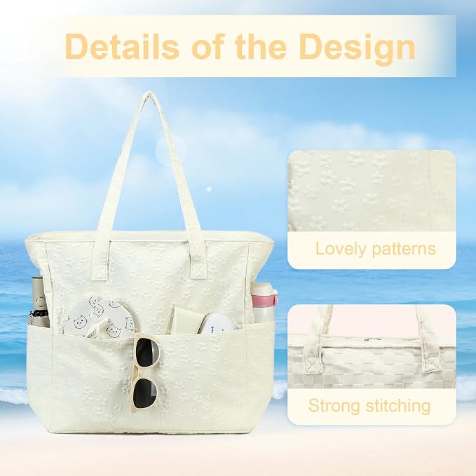 LEDAOU Large Beach Tote Bag Women Waterproof Sandproof Zipper Beach Tote Bag - Image 4