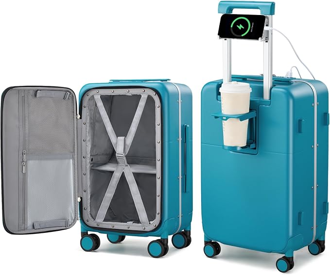 Hanke 24 Inch Luggage with Cup Holder and Charge, Top Opening Hard Shell by Hanke