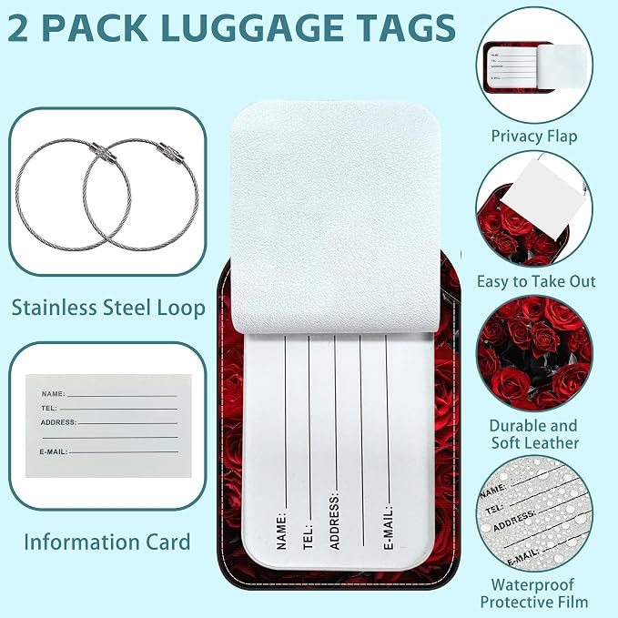 2 Pack Cute Luggage Tag for Suitcases Dark Red Roses Leather Luggage Tags - Image 2