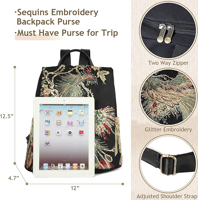 Jursccu Glitter Embroidery Women Backpack Purse, Fashion Canvas Travel - Image 3