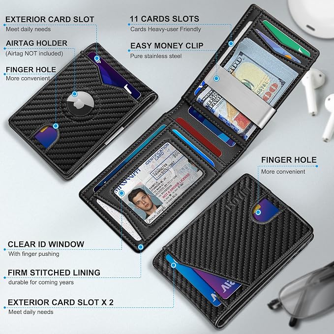 Airtag Wallet for Men, with Money Clip 11 Cards Slim Front Pocket Leather RFID - Image 2