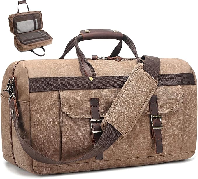 Duffle Bag for Men Waterproof Genuine Leather Canvas Travel Duffel Bags for by SOAEON