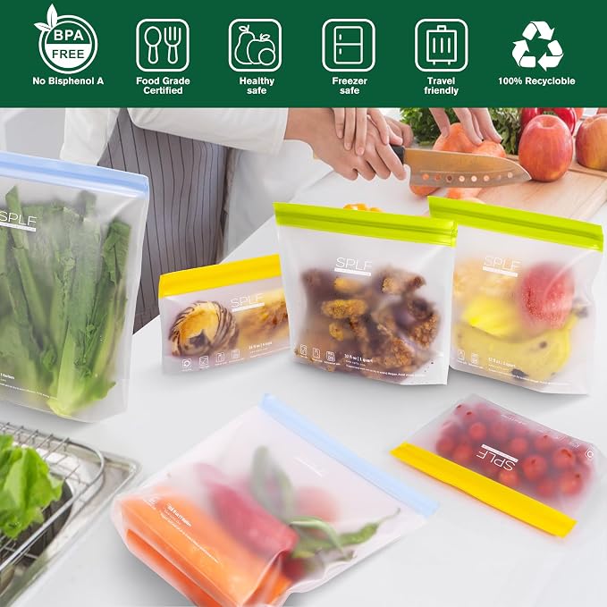 SPLF 10 Pack Stand-Up Reusable Snack Bags Dishwasher Safe, BPA Free Food - Image 2