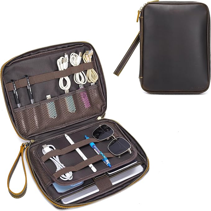 LANNSYNE Full Grain Leather Electronic Organizer Accessory Travel Tech Pouch by LANNSYNE