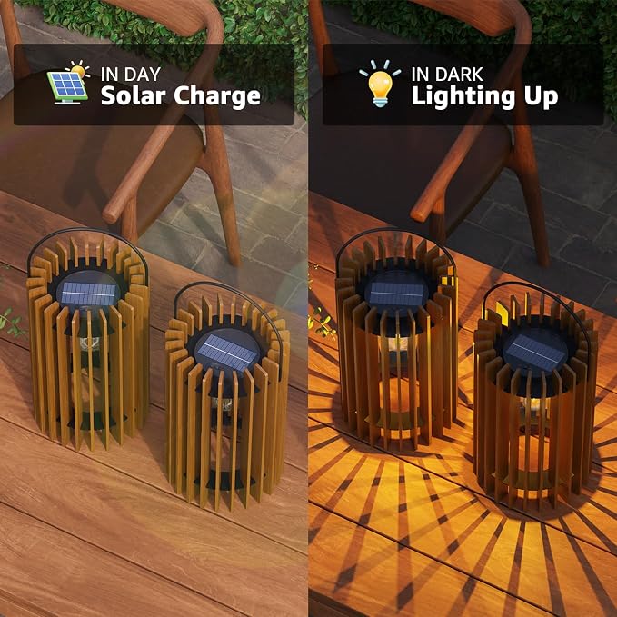 2 Set Solar Lantern Outdoor Rattan Lamp Outside Lights Hanging LED - Image 2
