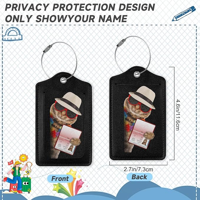 2 Pack Leather Luggage Tag for Suitcase Funny Cat Passport Airline Ticket - Image 2