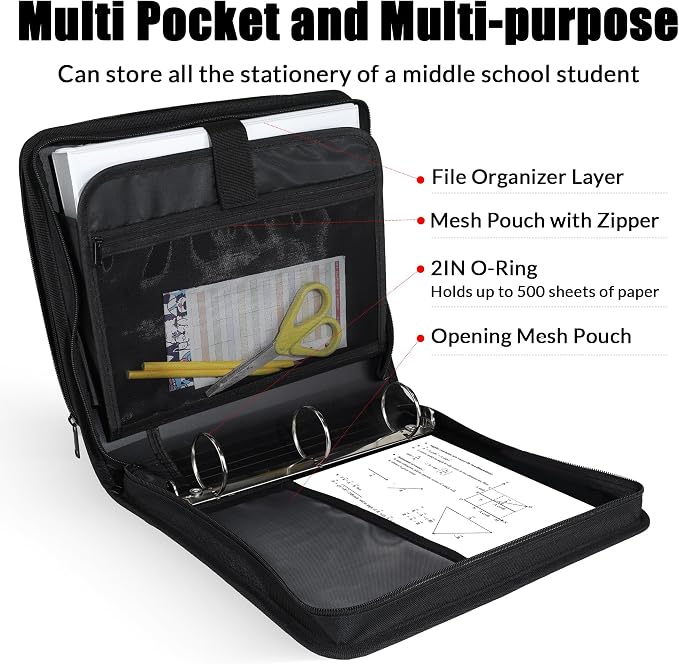 SUNEE Zippered Binder Bag with Handle, 2-Inch 3-Ring O-Ring, 500-Sheet Capacity - Image 3